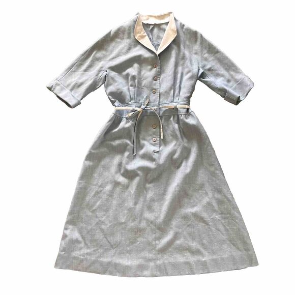 Vintage 60s 70s Nancy Greer New York Blue Shirt Waist A Line Dress Size 10 - Picture 4 of 9